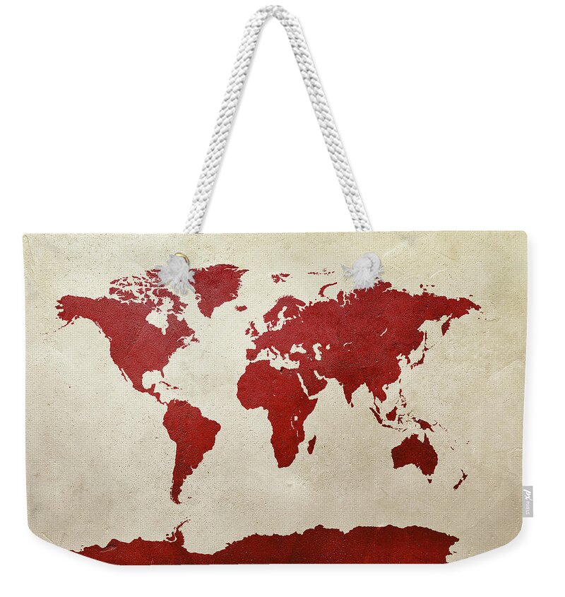 World Map Weekender Tote Bag featuring the digital art World Map Red by Michael Tompsett