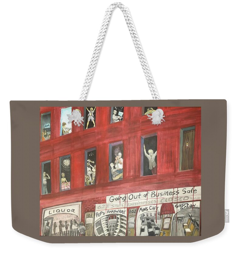 Political Weekender Tote Bag featuring the painting WorldATilt Lockdown by Jeanette Jarmon