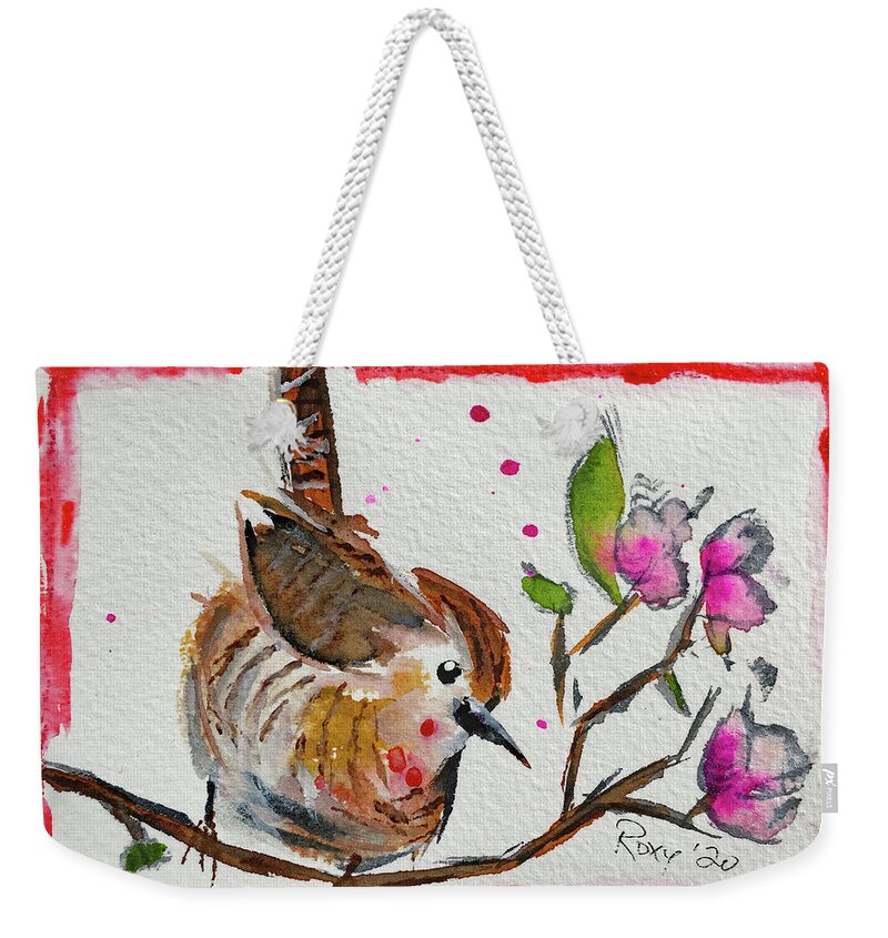 Wren Bird Weekender Tote Bag featuring the painting Wren in a Cherry Blossom Tree by Roxy Rich