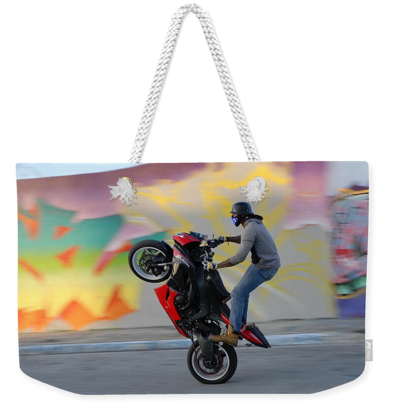 Biker Weekender Tote Bag featuring the photograph Wynwood - Motorbike Rider, Wynwood District, Miami, Florida by Earth And Spirit