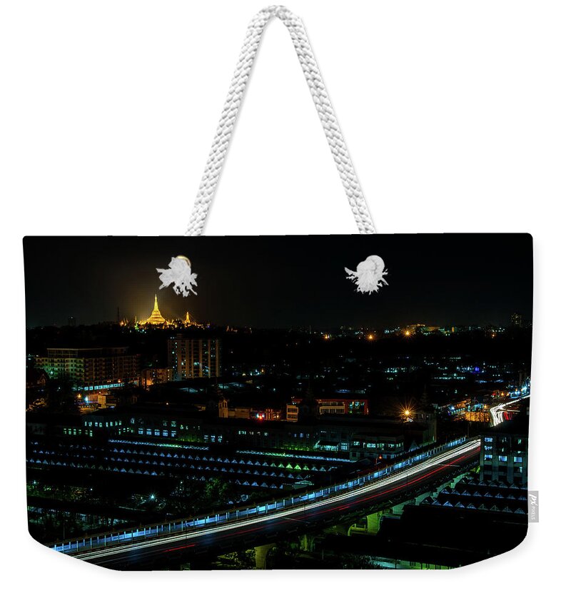 Shwedagon Weekender Tote Bag featuring the photograph Yangon Cityscape at Night by Arj Munoz