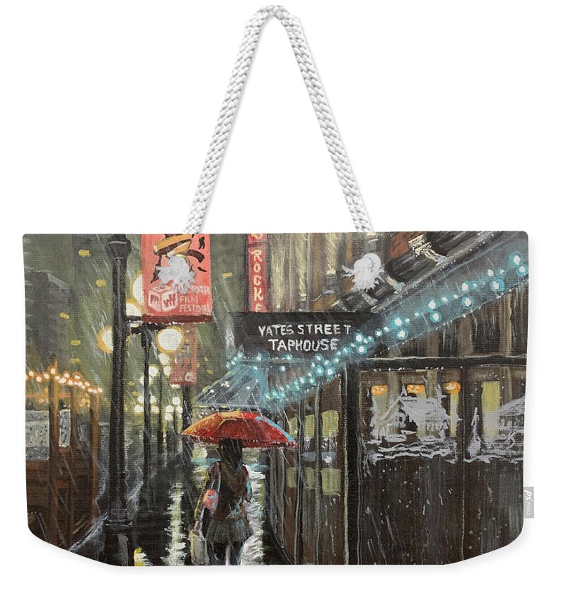 Dominion Weekender Tote Bag featuring the painting Yates Street Victoria, January 2021 by Scott Dewis