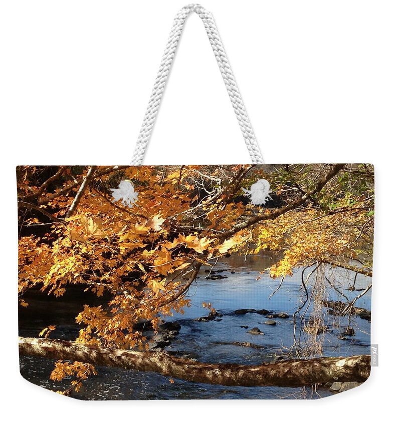 Haw River Weekender Tote Bag featuring the photograph Yellow and Blue Fall in NC by Shirley Galbrecht