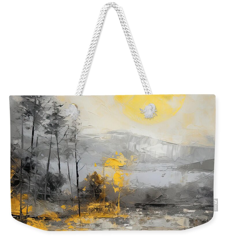 Yellow Weekender Tote Bag featuring the painting Yellow and Gray Landscapes - Impressionist Modern Moonlit by Lourry Legarde