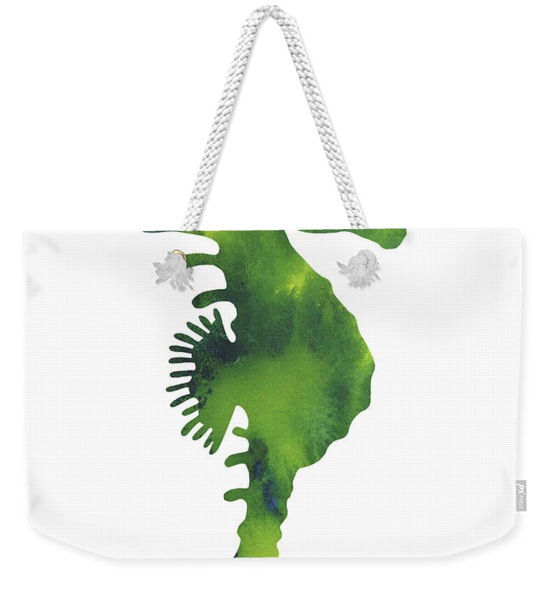 Green Weekender Tote Bag featuring the painting Yellow And Green Seahorse Watercolor Silhouette by Irina Sztukowski