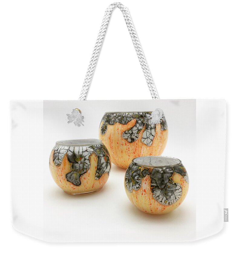 Glass Weekender Tote Bag featuring the mixed media Yellow and White Bowls by Christopher Schranck