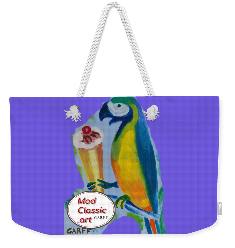 Parrot Weekender Tote Bag featuring the painting Yellow Ara with Ice Cream ModClassic Art by Enrico Garff