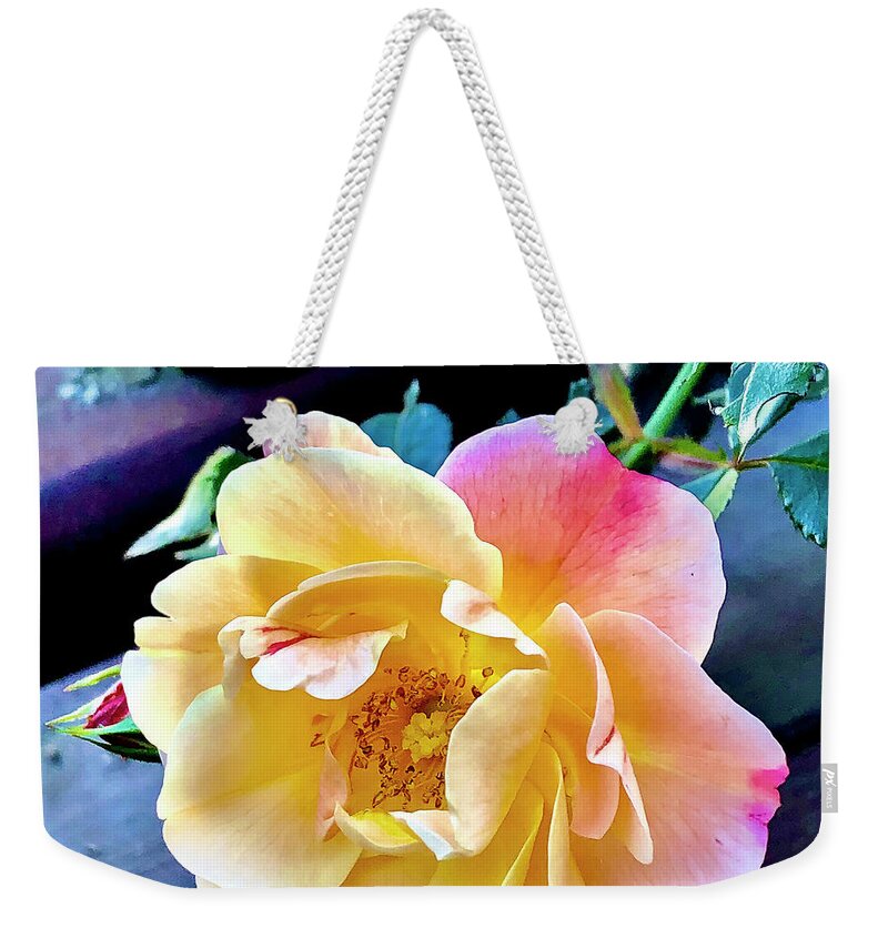Rose Weekender Tote Bag featuring the digital art Yellow Deck Rose by Nancy Olivia Hoffmann