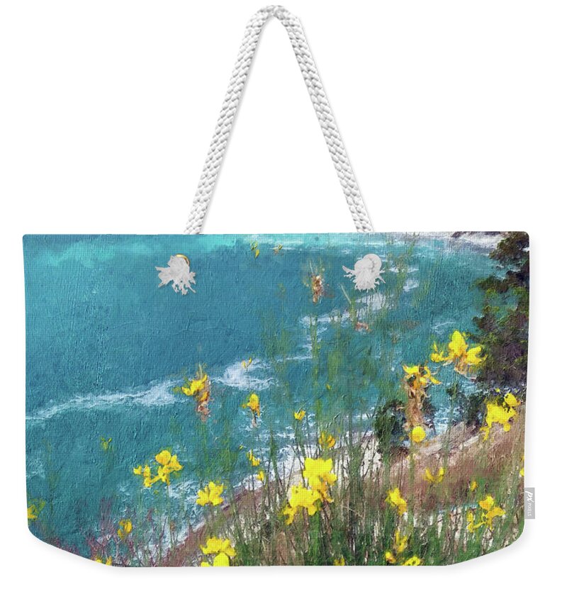 Sea Flowers Weekender Tote Bag featuring the painting Yellow Flowers over the Sea Bay by Alex Mir