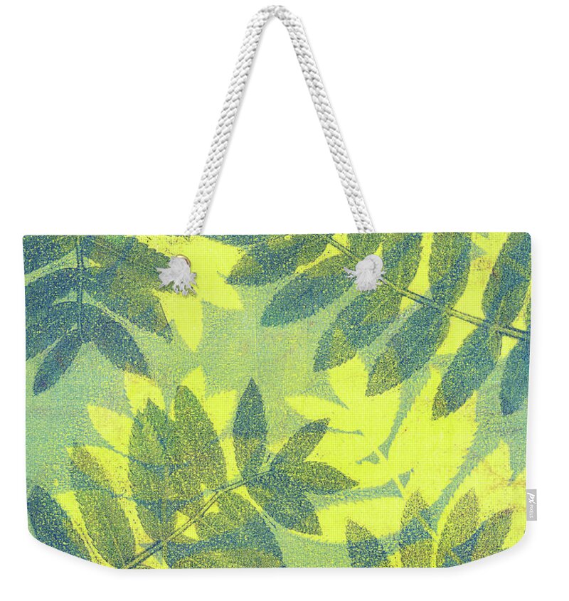 Plant Print Weekender Tote Bag featuring the mixed media Yellow Green Blue by Kristine Anderson