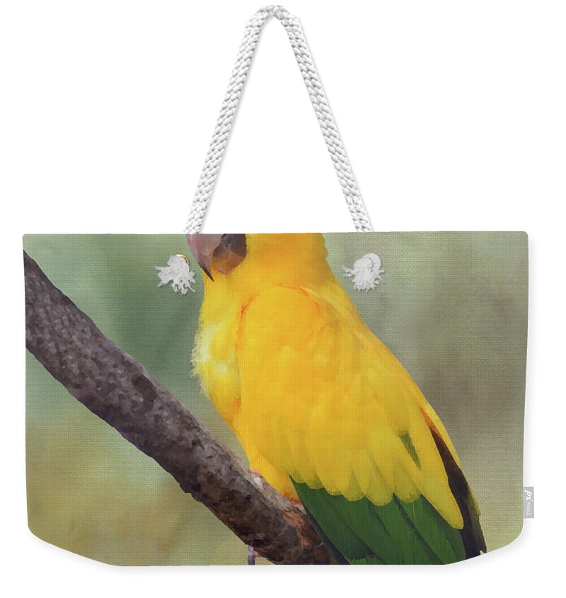 Bird Weekender Tote Bag featuring the mixed media Yellow Green Parrot Bird 82 by Lucie Dumas