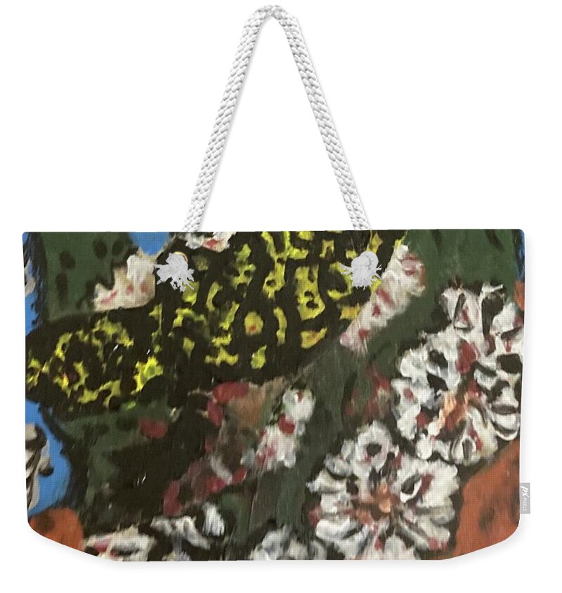 Paintings Of Lizards Weekender Tote Bag featuring the mixed media Yellow lizard Cactus Flowers by Bencasso Barnesquiat