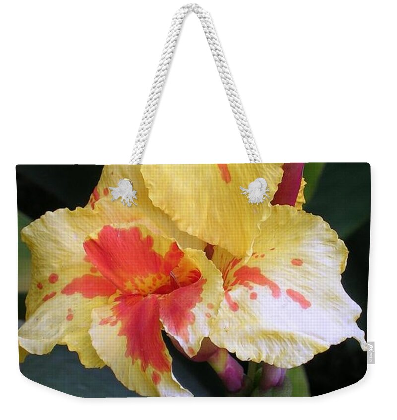 Flower Weekender Tote Bag featuring the photograph Yellow Orange Iris by Valerie Ornstein