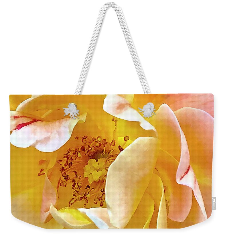 Rose Weekender Tote Bag featuring the digital art Yellow Rose Center by Nancy Olivia Hoffmann
