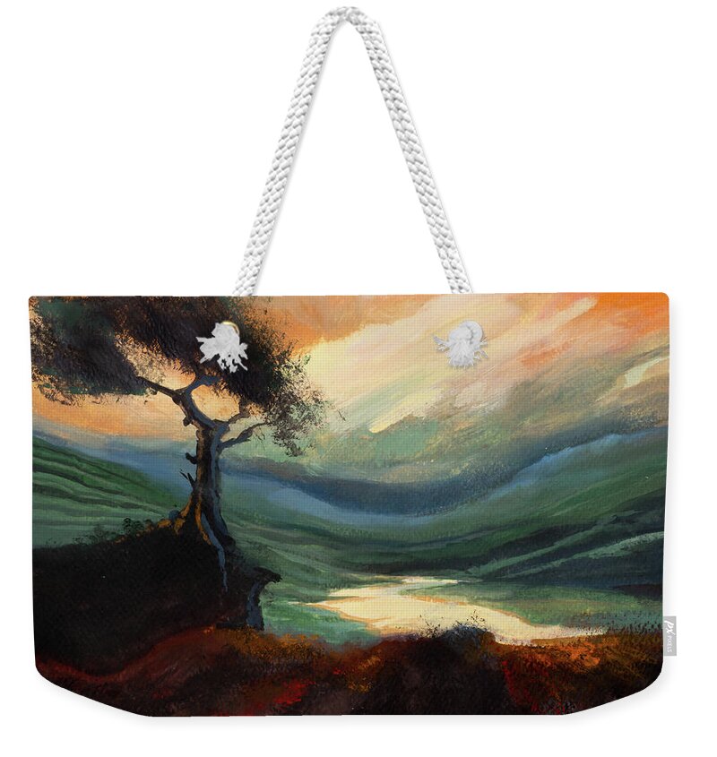 #creativity #art&mindfulness #socialresponsibility #artforworkers #mindfulness Weekender Tote Bag featuring the painting Yellow Sunset Hills by Veronica Huacuja