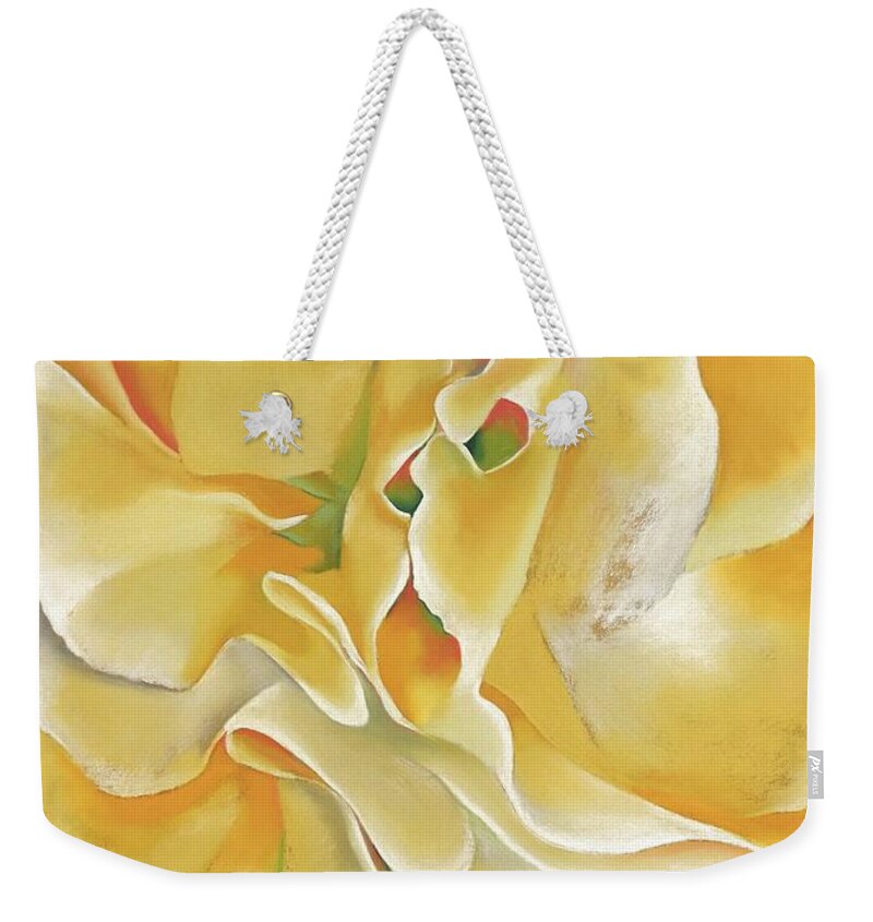 Georgia O'keeffe Weekender Tote Bag featuring the painting Yellow sweet peas - Modernist flower detail painting by Georgia O'Keeffe