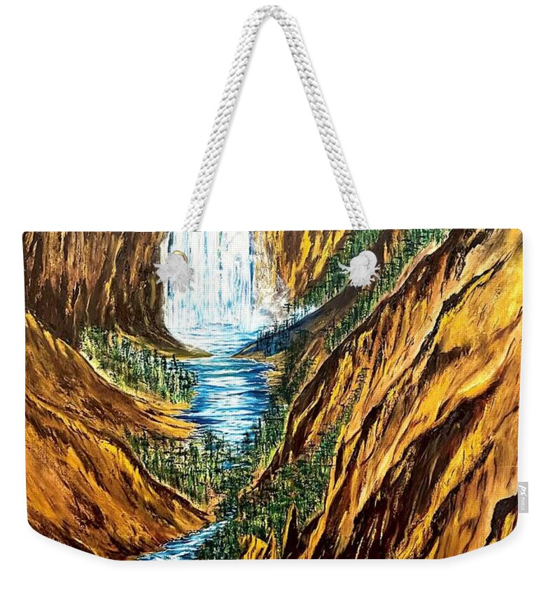 Yellowstone Falls And Canyon Weekender Tote Bag featuring the painting Yellowstone Falls and Canyon by Michael Silbaugh
