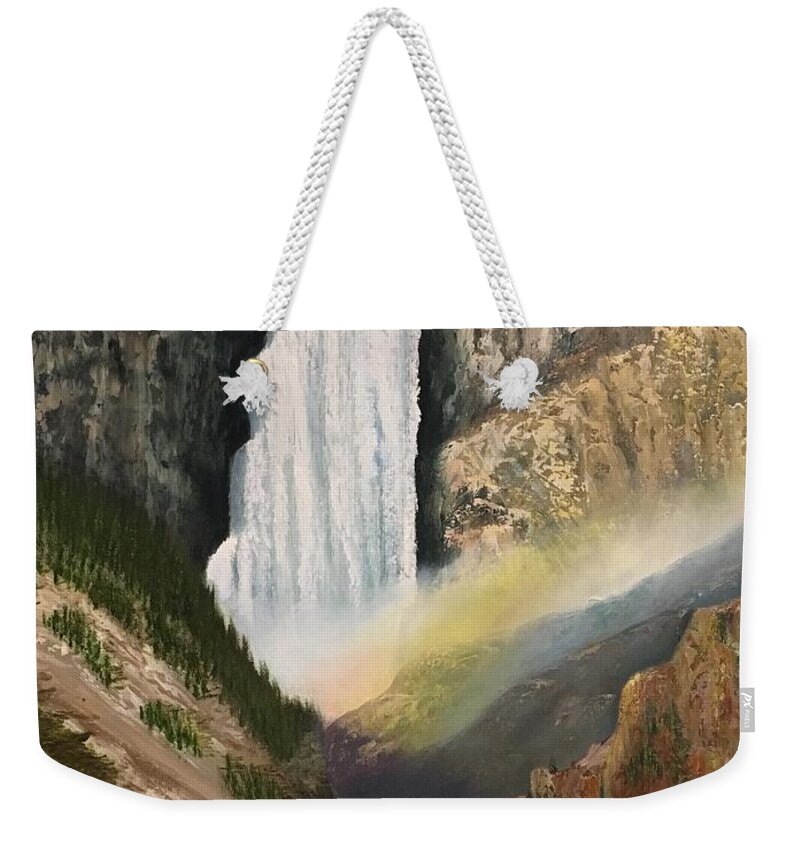 Waterfall Weekender Tote Bag featuring the painting Yellowstone Falls by Marlene Little