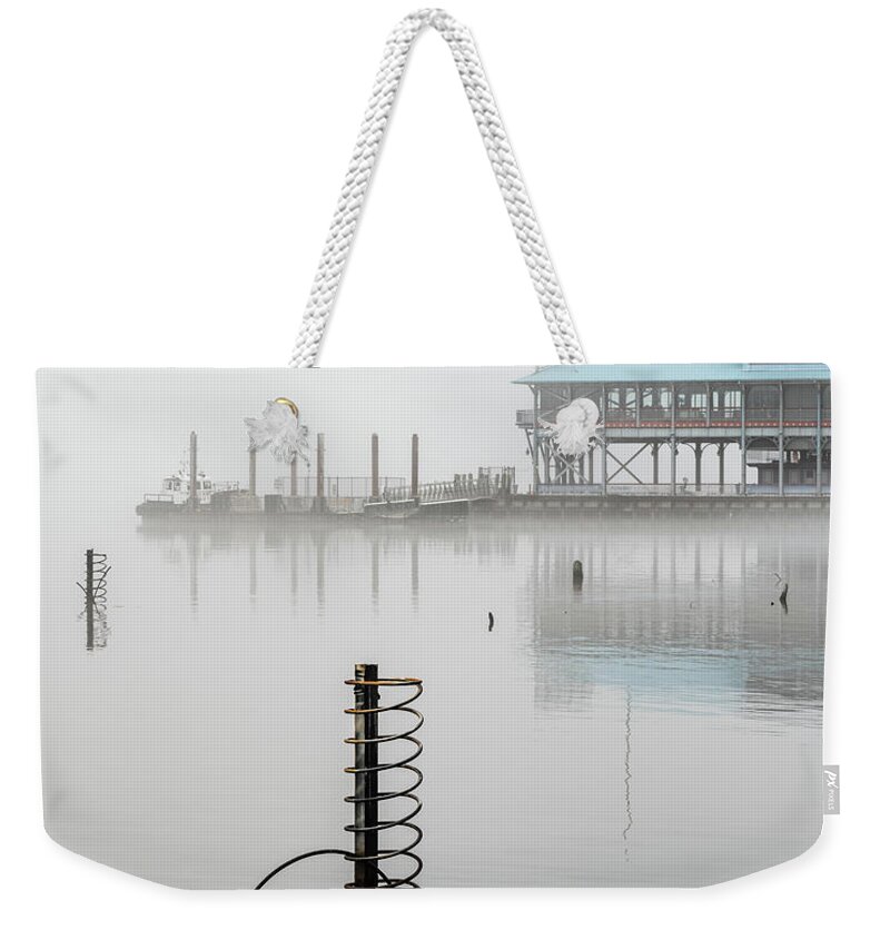 Hudson River Weekender Tote Bag featuring the photograph Yonkers Pier in Thick Fog by Kevin Suttlehan