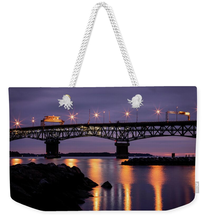 Yorktown Weekender Tote Bag featuring the photograph Yorktown Bridge Lights by Lara Morrison