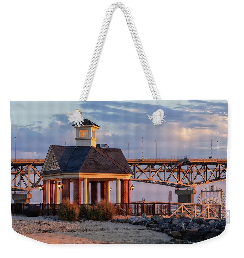 Yorktown Weekender Tote Bag featuring the photograph Yorktown Pavilion at Sunrise by Rachel Morrison