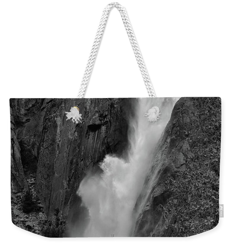 Yosemite Weekender Tote Bag featuring the photograph Yosemite Falls BW by Chuck Kuhn