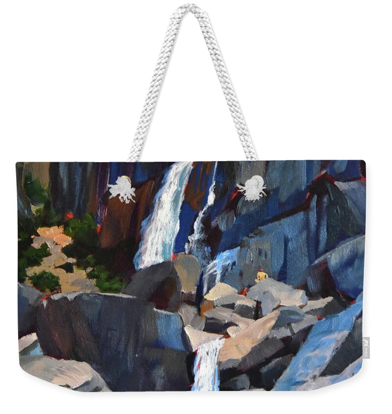 Waterfall Weekender Tote Bag featuring the painting Yosemite Falls in August by Alice Leggett