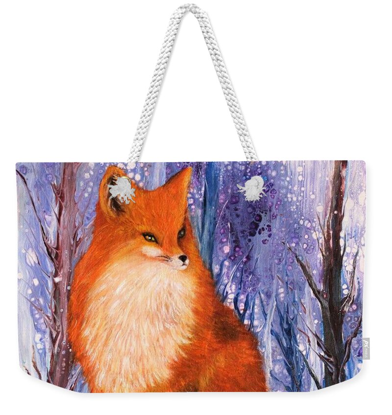 Wall Art Home Decor Fox Red Fox Animals Wild Animals Acrylic Painting Abstract Painting Pouring Art Mix Media Young Fox Winter Forest Oil Painting Weekender Tote Bag featuring the painting Young Fox by Tanya Harr