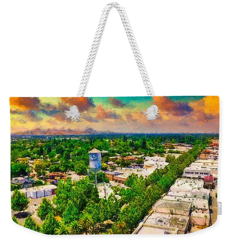 Yuba City Weekender Tote Bag featuring the digital art Yuba City and the water tower, California - digital painting by Nicko Prints