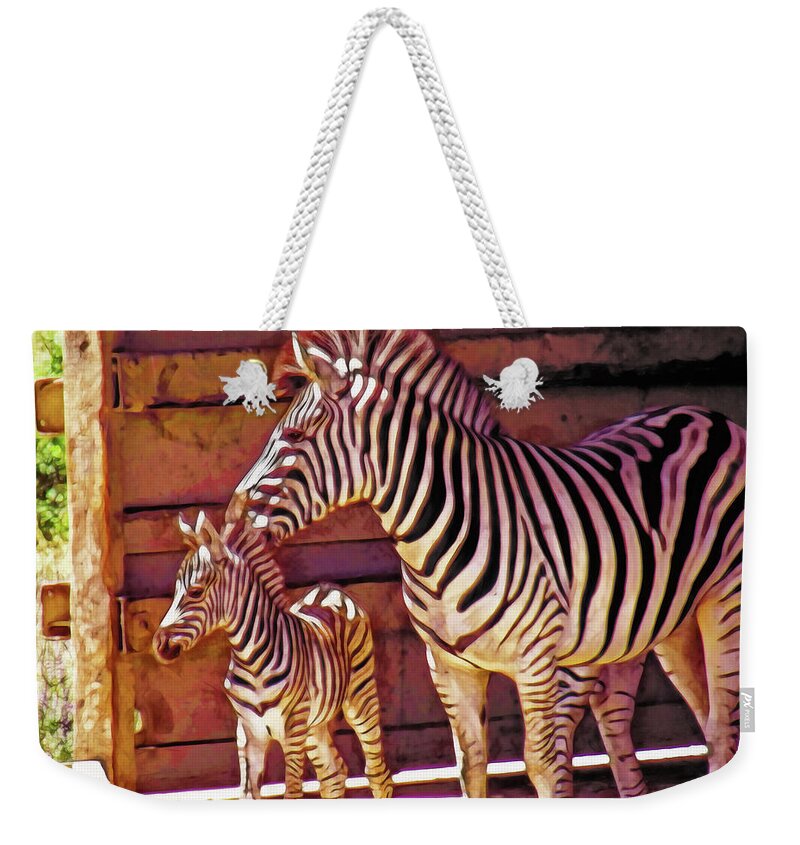 Zebra Mom And Baby Weekender Tote Bag featuring the photograph Zebra Mom and Baby by Two Hivelys