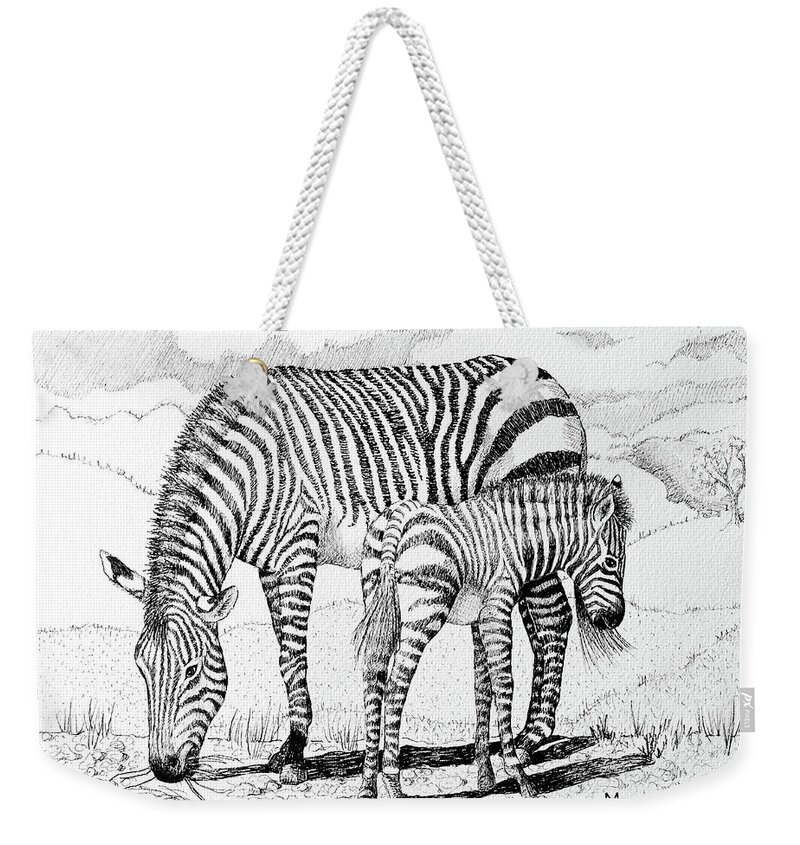 Zebra Weekender Tote Bag featuring the drawing Zebra Mother and Child by Margaret Zabor
