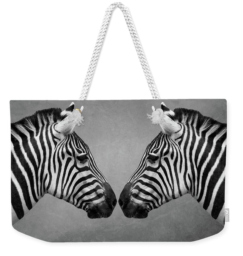 Zebra Weekender Tote Bag featuring the digital art Zebra Twins by Marjolein Van Middelkoop