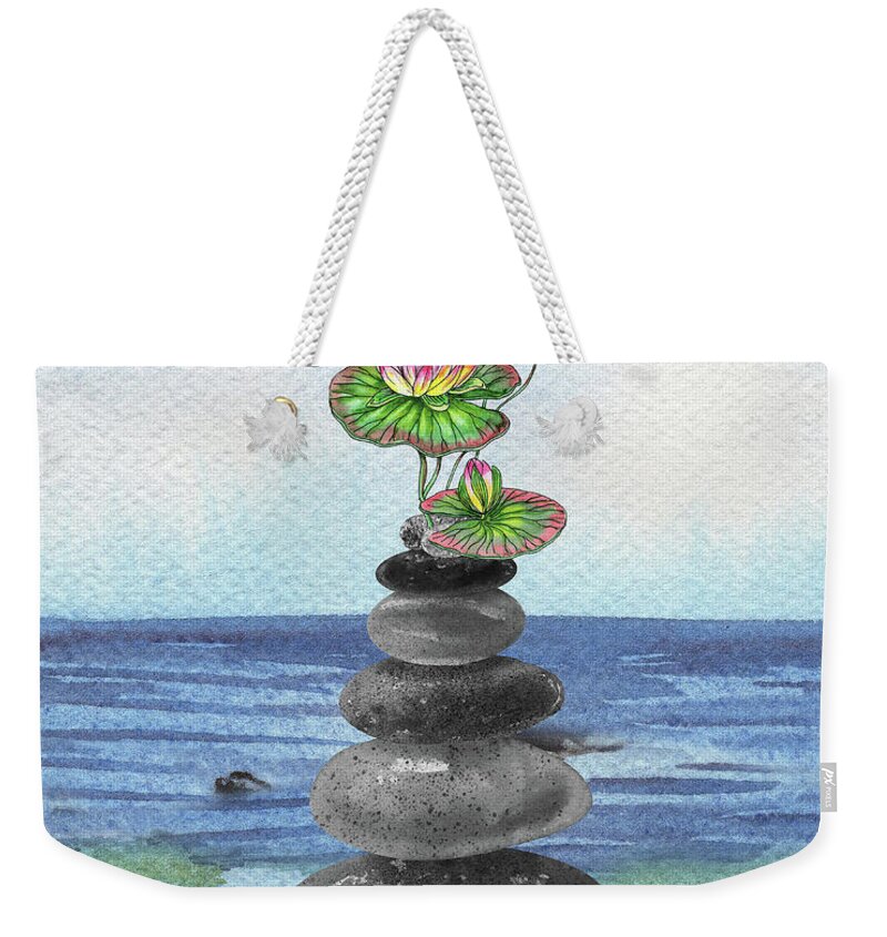 Cairn Rocks Weekender Tote Bag featuring the painting Zen Rocks Cairn Meditative Tower And Water Lily Flower Watercolor by Irina Sztukowski