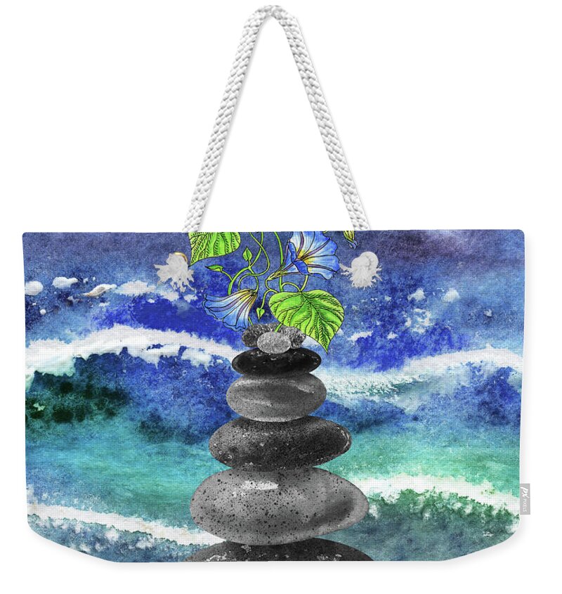 Zen Rocks Weekender Tote Bag featuring the painting Zen Rocks Cairn Meditative Tower Blue Morning Glory Flower Watercolor by Irina Sztukowski