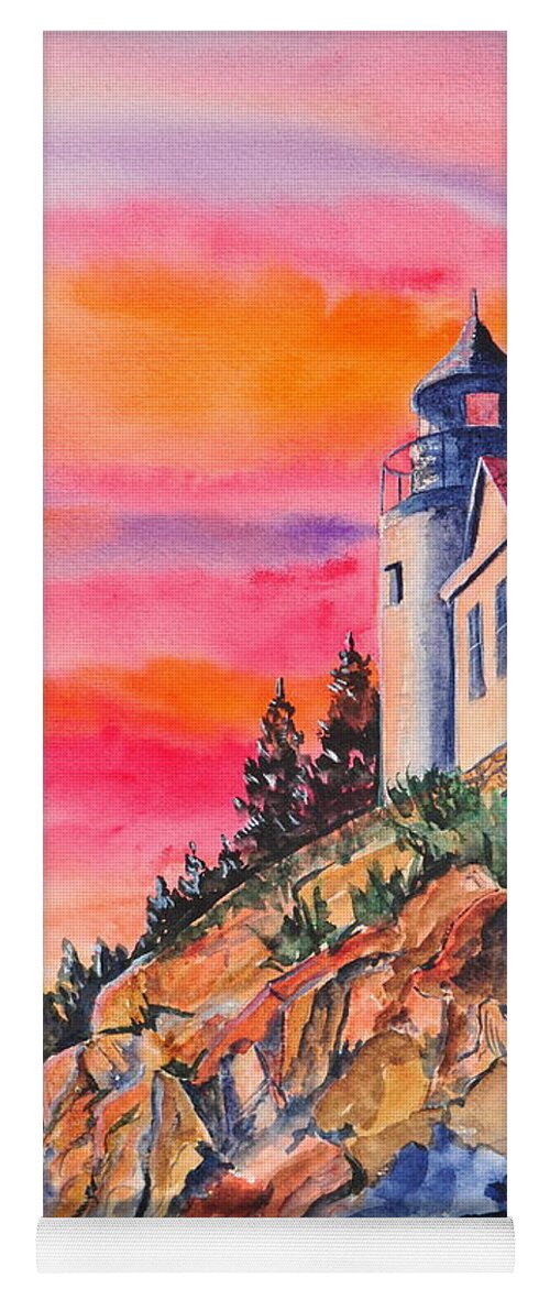 Landscape Yoga Mat featuring the painting Bass Harbor Light Sunset by John W Walker