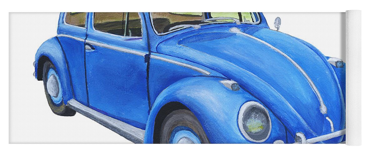 Bug Yoga Mat featuring the painting Blue Volkswagon Beetle Painting by Keith Webber Jr