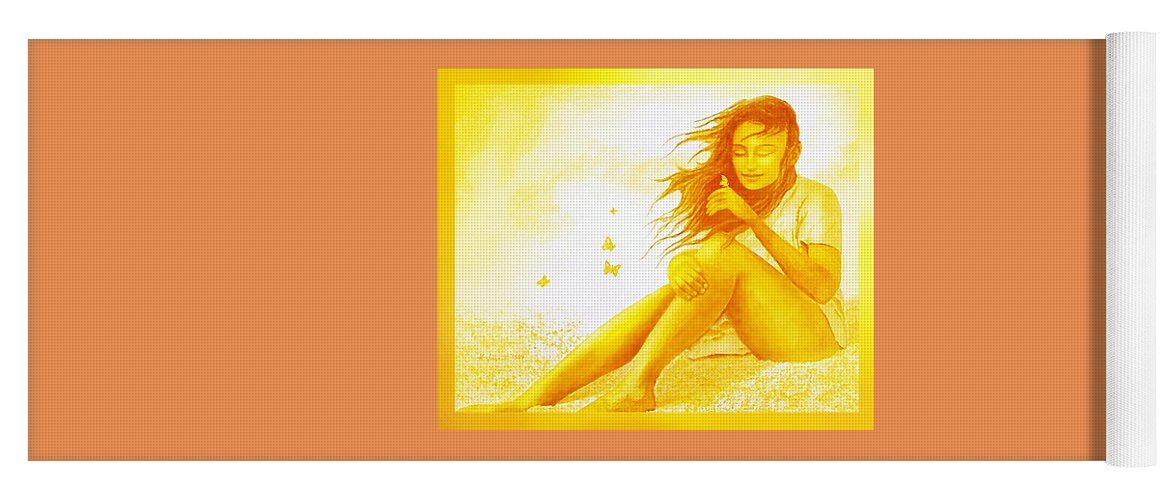 Butterfly Girl Yoga Mat featuring the painting Golden Sunset Butterfly Girl by Hartmut Jager