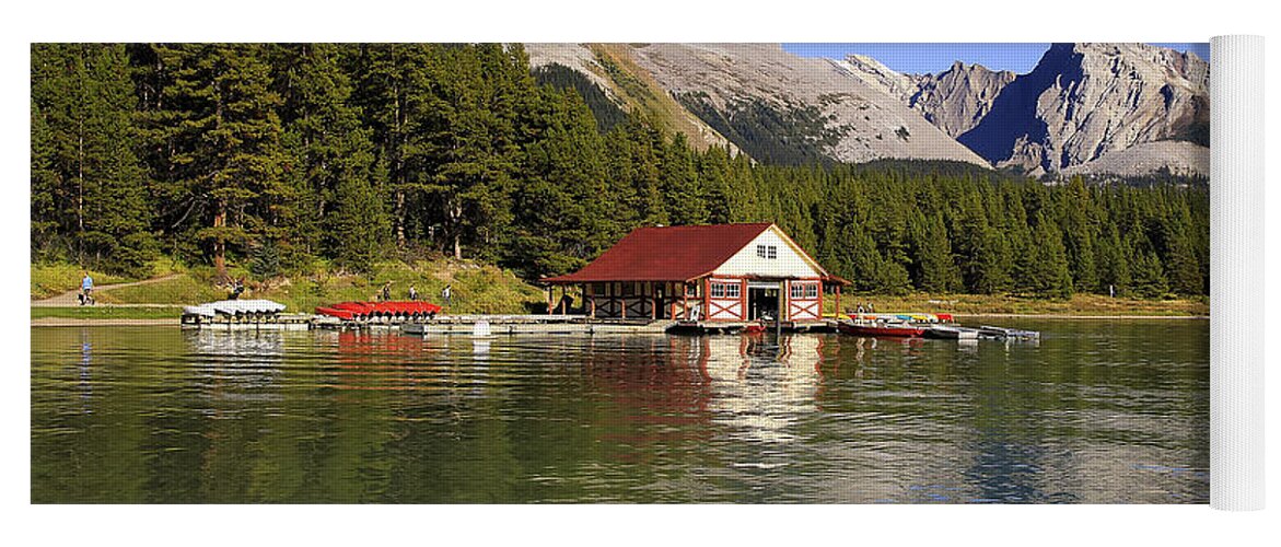 Boathouse Yoga Mat featuring the photograph Historic Boathouse at Maligne Lake by Teresa Zieba