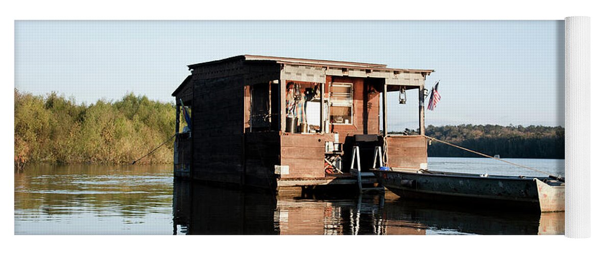 Alone Yoga Mat featuring the photograph A Wooden Houseboat With A Small Fishing #1 by David Hanson