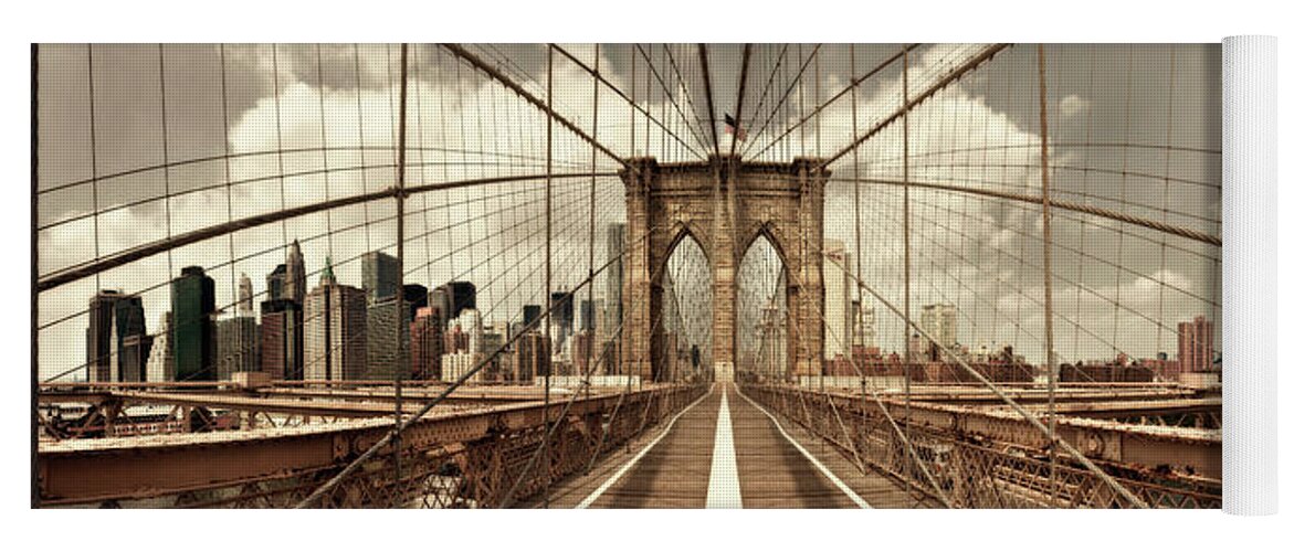 Brooklyn Yoga Mat featuring the photograph Brooklyn Bridge (sepia) #1 by Shelley Lake