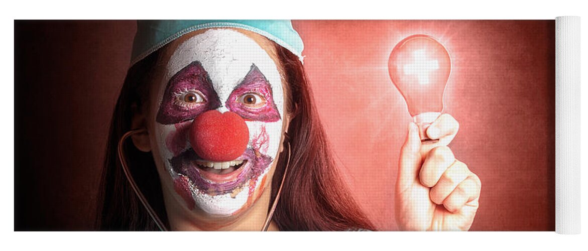 Clown Yoga Mat featuring the photograph Clown doctor holding red emergency lightbulb #1 by Jorgo Photography