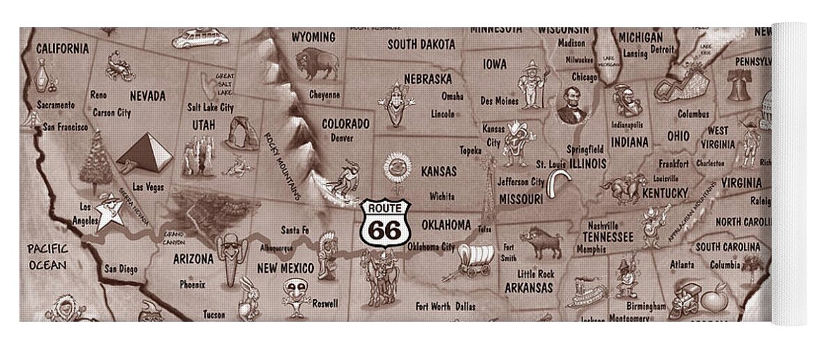 Route 66 Yoga Mat featuring the painting Historic Route 66 Cartoon Map by Kevin Middleton