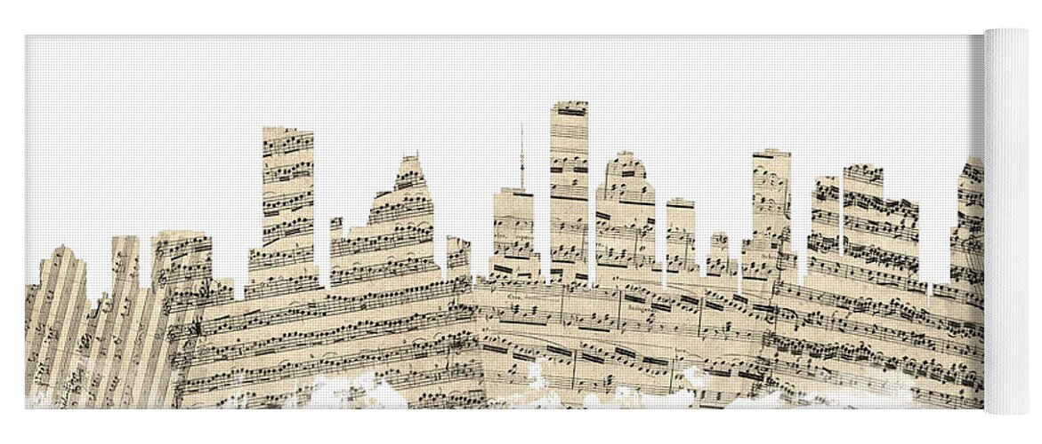 United States Yoga Mat featuring the digital art Houston Texas Skyline Sheet Music Cityscape #1 by Michael Tompsett