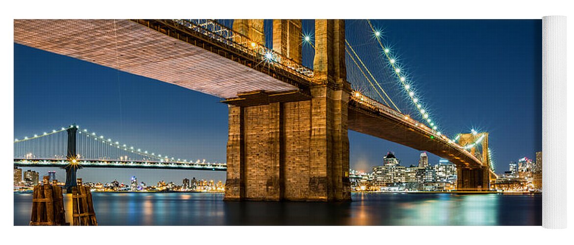 Architecture Yoga Mat featuring the photograph Illuminated Brooklyn Bridge by night #1 by Mihai Andritoiu