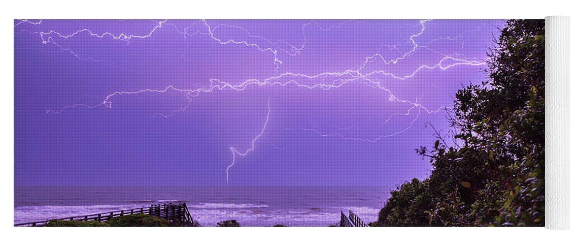 Folly Beach Yoga Mat featuring the photograph Lightning over the beach #1 by Keith Allen