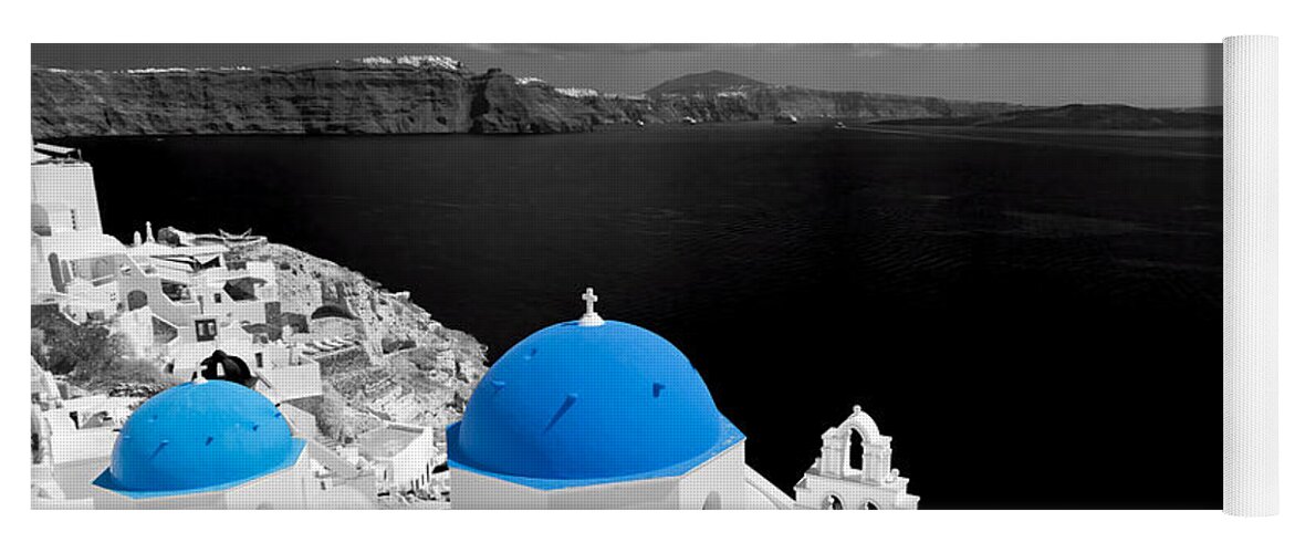 Greece Yoga Mat featuring the photograph Oia town on Santorini island Greece Blue dome church black and white. #1 by Michal Bednarek