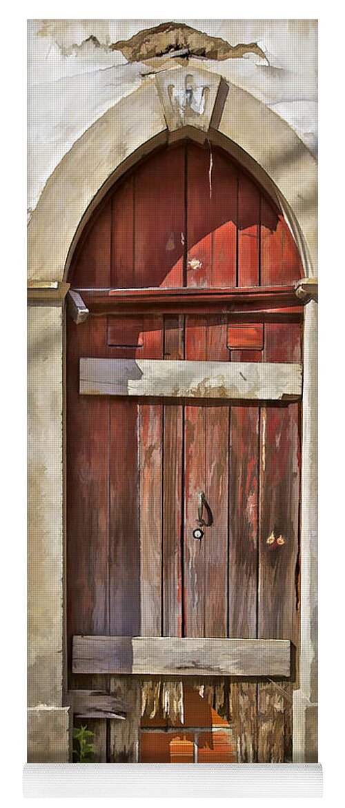 Abandon Yoga Mat featuring the photograph Red Wood Door of the Medieval Village of Pombal #2 by David Letts