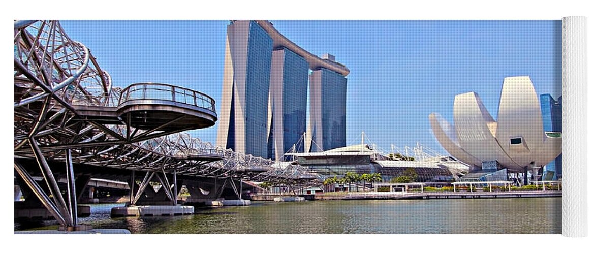Artscience Yoga Mat featuring the photograph Singapore ArtScience Museum Double Helix Bridge and Marina Bay #1 by Paul Fell