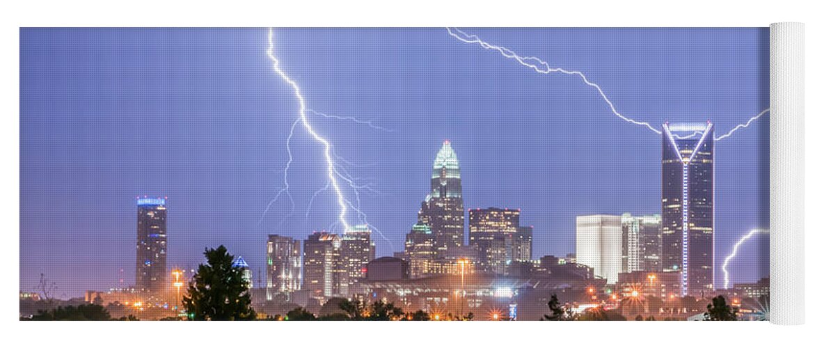Thunderstorm Yoga Mat featuring the photograph Thunderstorm Lightning Strikes Over Charlotte City Skyline In No #1 by Alex Grichenko