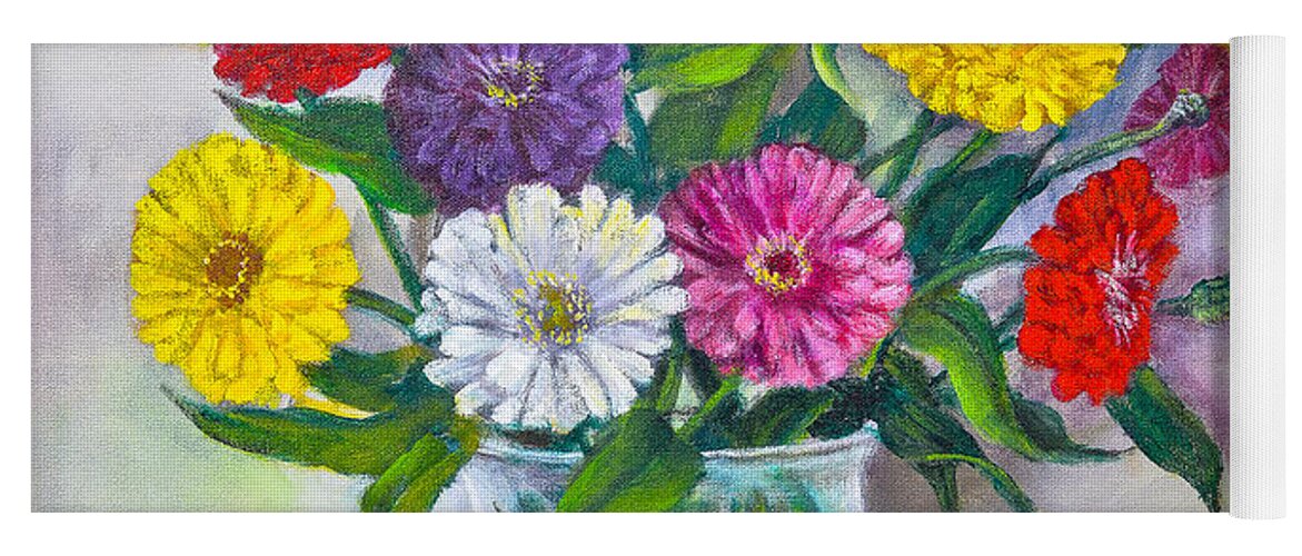 Zinnias Yoga Mat featuring the painting Old Fashioned Zinnias by Rand Burns